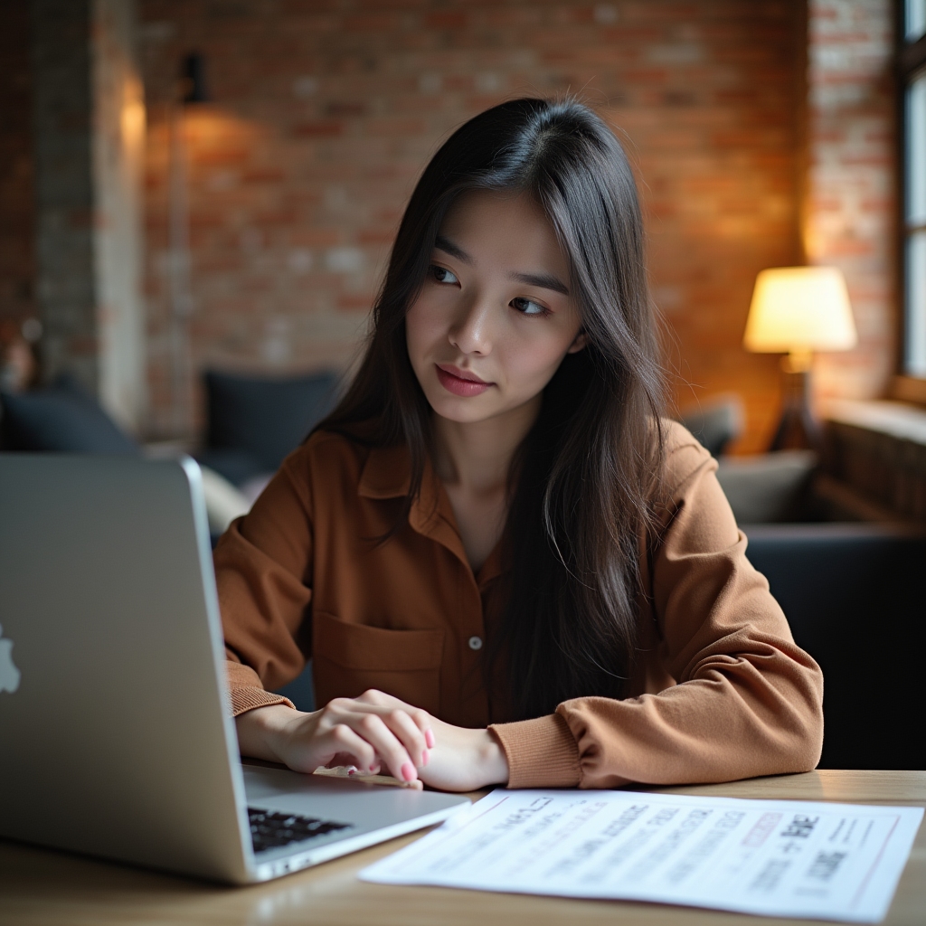 Diseñadora autónoma revisando su carga de trabajo en el escritorio